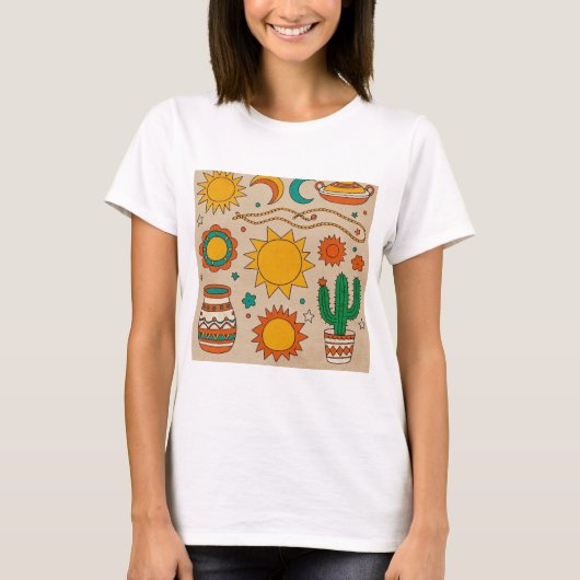 ボヘよくはしゃぐミアン型手描き太陽、月面 Tシャツ (正面)