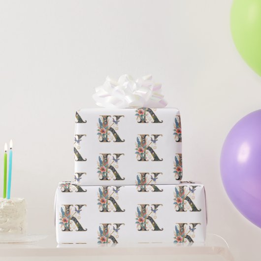 ボヘエレガントミアンフローラ文字K ラッピングペーパー (パーティーギフト)