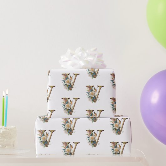ボヘエレガントミアンフローラ文字V ラッピングペーパー (パーティーギフト)