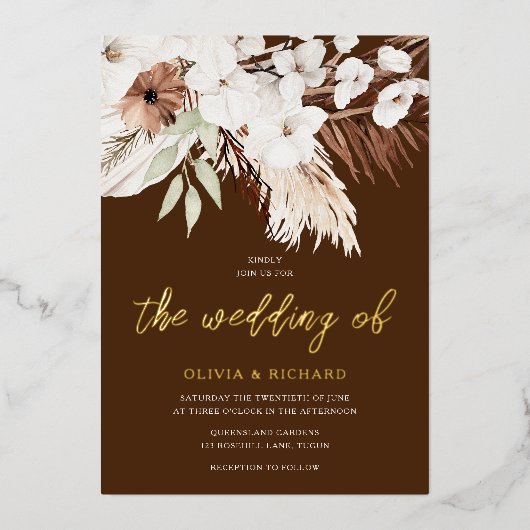 ボヘエレガントミアンホワイトフローラ結婚金ゴールド 箔招待状 (正面)