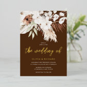 ボヘエレガントミアンホワイトフローラ結婚金ゴールド 箔招待状 (立ち正面)