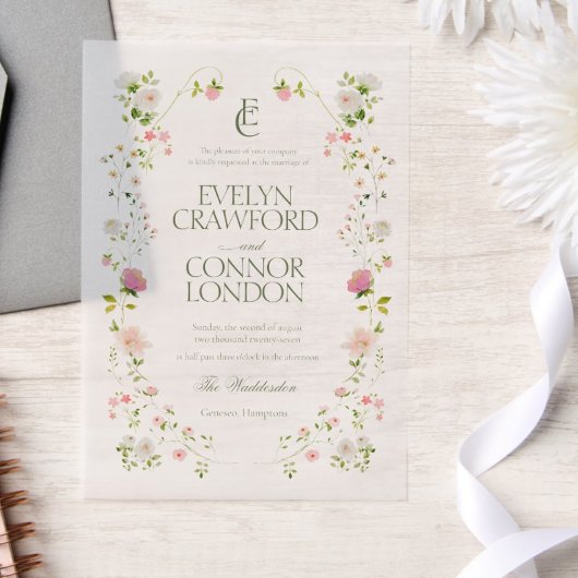 ボヘエレガントミアンモノグラム結婚フローラ ベラム紙招待状