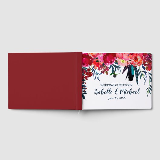 ボヘパーソナライズされたミアン赤フローラの結婚ゲストブック ゲストブック (全面)