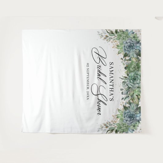 ボヘミアな雰囲気のグリーンと多肉植物とゴールドフレームのウェディングシャワー タペストリー (正面(横))