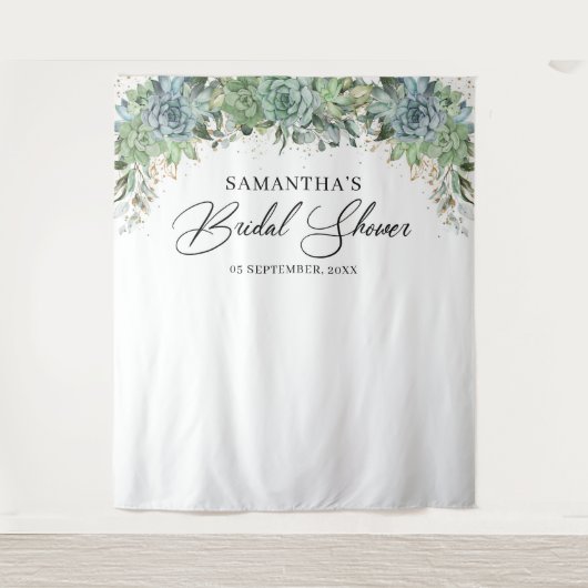 ボヘミアな雰囲気のグリーンと多肉植物とゴールドフレームのウェディングシャワー タペストリー (正面)