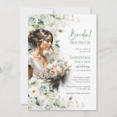 ボヘミアな雰囲気の緑の草花と白いバラの美しさに満ちた花嫁 招待状 (正面)