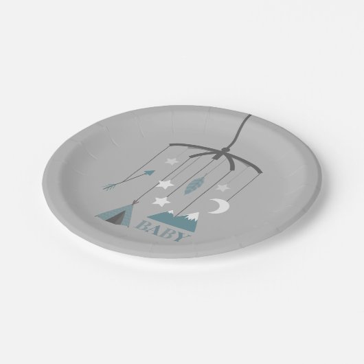 ボヘミアのまぐさ桶の移動式モダンなベビーシャワーの青 ペーパープレート (アングル)