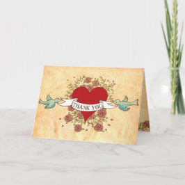 ボヘミアのハート、バラ、鳥、及び旗の結婚式 サンキューカード