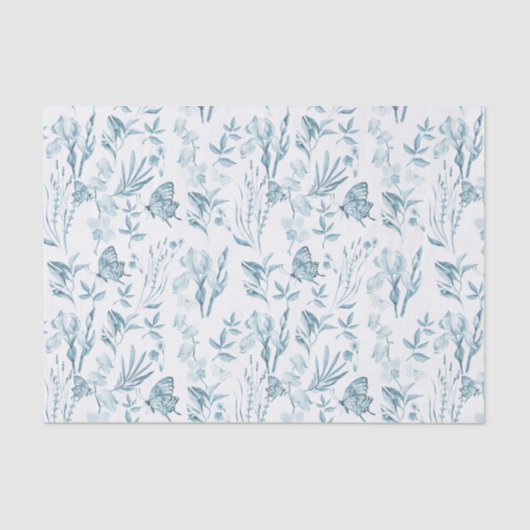ボヘミアのパステル調の青いヴィンテージの蝶花柄 薄葉紙 (正面)