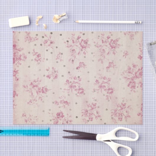 ボヘミアのパステル調ピンクのストライブ柄の花柄の水玉模様 薄葉紙 (クラフト)