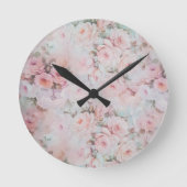 ボヘミアのピンクのティール（緑がかった色）のヴィンテージの花柄パターン ラウンド壁時計 (正面)