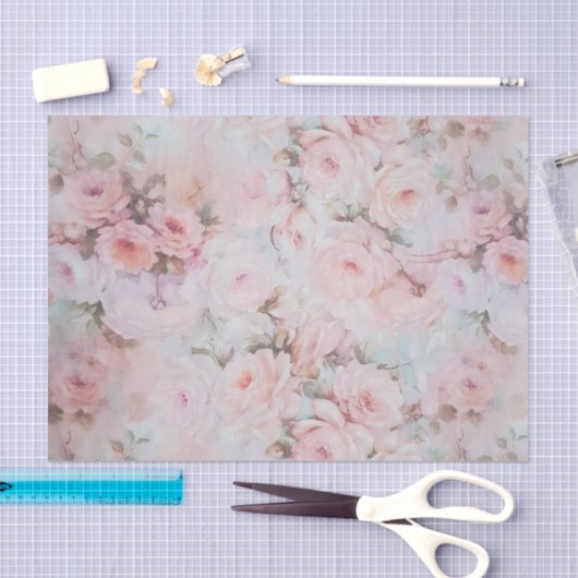 ボヘミアのピンクのティール（緑がかった色）のヴィンテージの花柄パターン 薄葉紙 (クラフト)