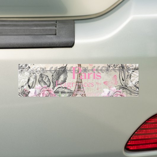 ボヘミアのピンクの黒い花のパリエッフェル塔のタイプエラー バンパーステッカー (車上)