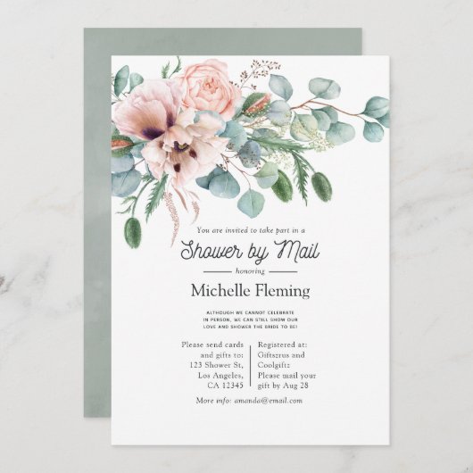 ボヘミアのユーカリのピンクのポピーシャワーバイメール 招待状 (正面/裏面)
