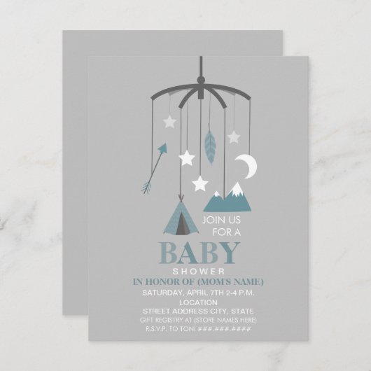 ボヘミアの刺激を受けたな移動式男の子のモダンなベビーシャワー 招待状 (正面/裏面)