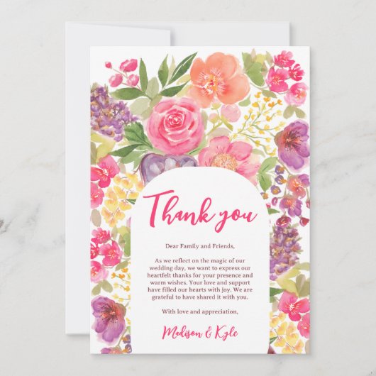 ボヘミアの明るいフローラのアーチスクリプ結婚トシック サンキューカード (正面)