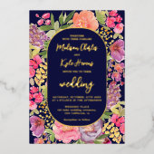 ボヘミアの明るいフローラアーチ結婚スクリプトnavy's 箔招待状 (正面)