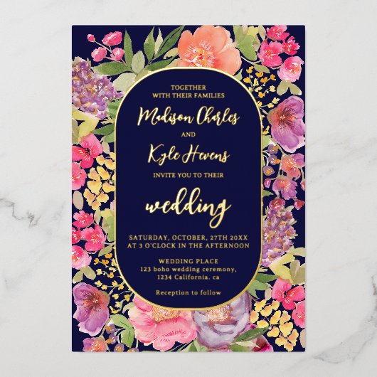 ボヘミアの明るいフローラアーチ結婚スクリプトnavy's 箔招待状 (正面)