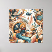 ボヘミアの混合ティール(緑がかった色)、マゼンタ、紫の花 キャンバスプリント (正面)