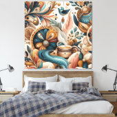 ボヘミアの混合ティール(緑がかった色)、マゼンタ、紫の花 キャンバスプリント (インサイチュ (寝室))