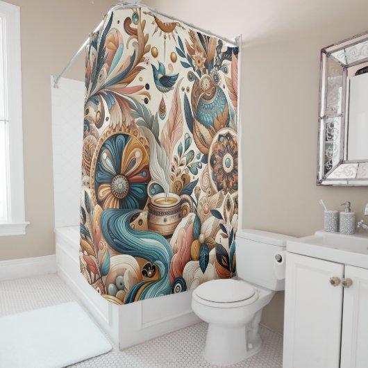 ボヘミアの混合ティール（緑がかった色）、マゼンタ、紫の花 シャワーカーテン (インサイチュ)