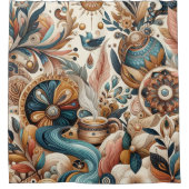 ボヘミアの混合ティール（緑がかった色）、マゼンタ、紫の花 シャワーカーテン (正面)