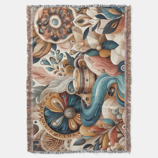 ボヘミアの混合ティール（緑がかった色）、マゼンタ、紫の花 スローブランケット (正面縦)