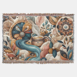 ボヘミアの混合ティール（緑がかった色）、マゼンタ、紫の花 スローブランケット