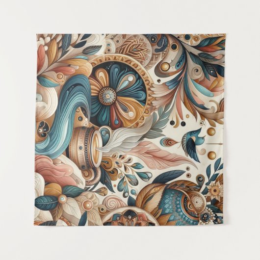 ボヘミアの混合ティール（緑がかった色）、マゼンタ、紫の花 タペストリー (正面(横))