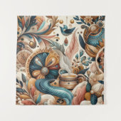 ボヘミアの混合ティール（緑がかった色）、マゼンタ、紫の花 タペストリー (正面)