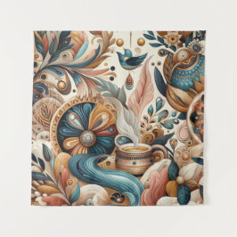 ボヘミアの混合ティール（緑がかった色）、マゼンタ、紫の花 タペストリー