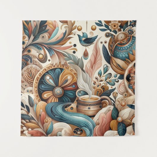 ボヘミアの混合ティール（緑がかった色）、マゼンタ、紫の花 タペストリー (正面)