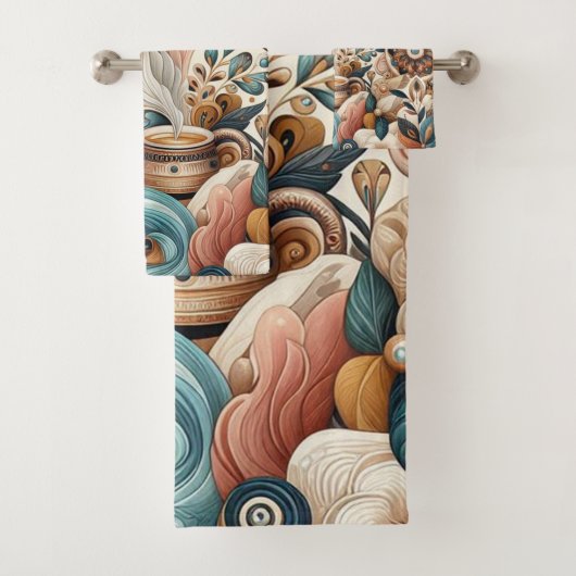 ボヘミアの混合ティール(緑がかった色)、マゼンタ、紫の花 バスタオルセット (インサイチュ)