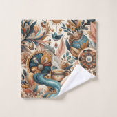 ボヘミアの混合ティール(緑がかった色)、マゼンタ、紫の花 バスタオルセット (ウォッシュタオル)