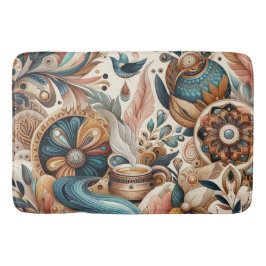 ボヘミアの混合ティール（緑がかった色）、マゼンタ、紫の花 バスマット