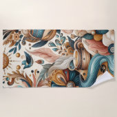 ボヘミアの混合ティール（緑がかった色）、マゼンタ、紫の花 ビーチタオル (正面)