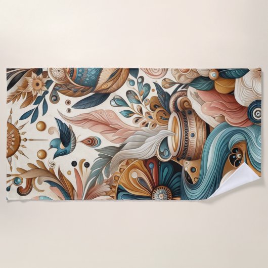 ボヘミアの混合ティール（緑がかった色）、マゼンタ、紫の花 ビーチタオル (正面)