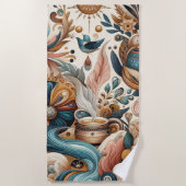 ボヘミアの混合ティール（緑がかった色）、マゼンタ、紫の花 ビーチタオル (正面)