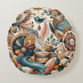 ボヘミアの混合ティール（緑がかった色）、マゼンタ、紫の花 ラウンドクッション