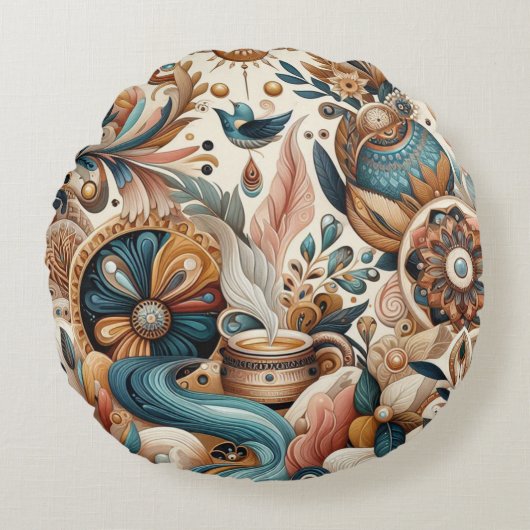 ボヘミアの混合ティール(緑がかった色)、マゼンタ、紫の花 ラウンドクッション (正面)