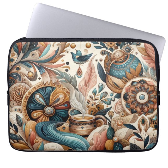 ボヘミアの混合ティール（緑がかった色）、マゼンタ、紫の花 ラップトップスリーブ (正面)