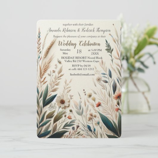 ボヘミアの混合ティール（緑がかった色）、マゼンタ、紫の花 招待状 (スタンド正面)