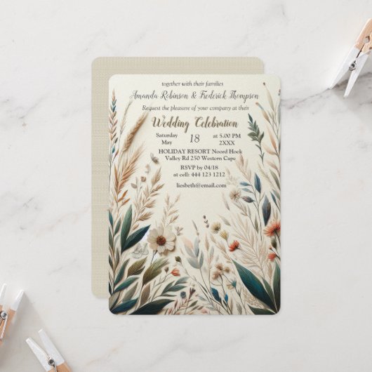 ボヘミアの混合ティール（緑がかった色）、マゼンタ、紫の花 招待状 (正面/裏面インサイチュ)