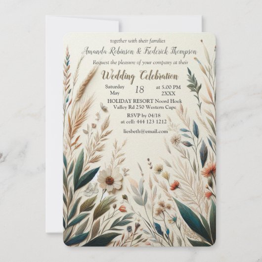 ボヘミアの混合ティール（緑がかった色）、マゼンタ、紫の花 招待状 (正面)