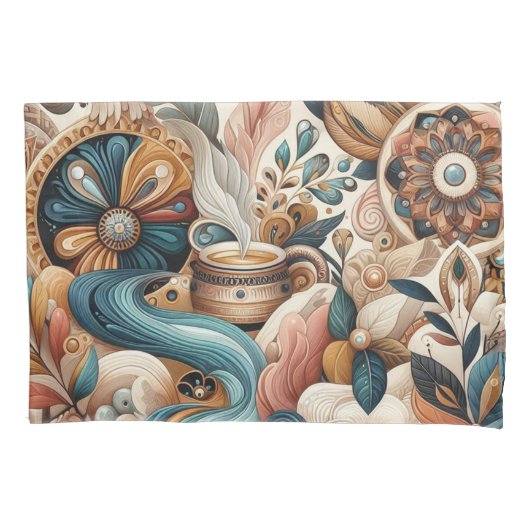 ボヘミアの混合ティール(緑がかった色)、マゼンタ、紫の花 枕カバー (正面)