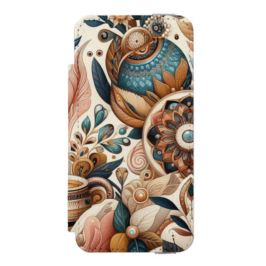 ボヘミアの混合ティール（緑がかった色）、マゼンタ、紫の花 INCIPIO iPhoneウォレットケース (フォリオ 正面)