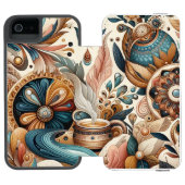 ボヘミアの混合ティール（緑がかった色）、マゼンタ、紫の花 INCIPIO iPhoneウォレットケース (フォリオ Open)