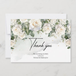 ボヘミアの白いバラのユーカリプトゥスグリーンと金ゴールド サンキューカード