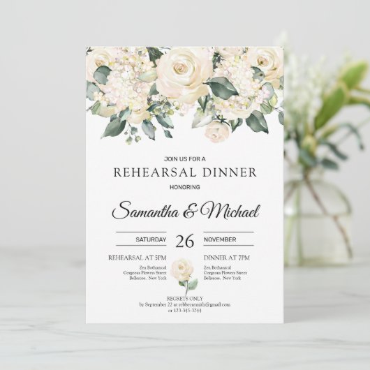 ボヘミアの白いバラの緑のリハーサルのディナー 招待状 (スタンド正面)