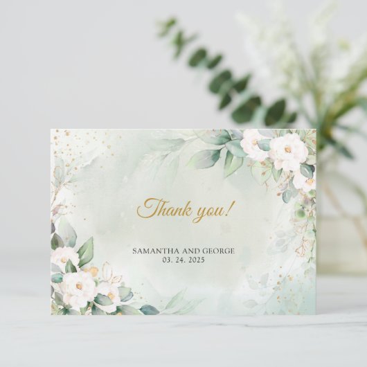 ボヘミアの白いバラ緑のユーカリ金ゴールド枠 サンキューカード (スタンド正面)